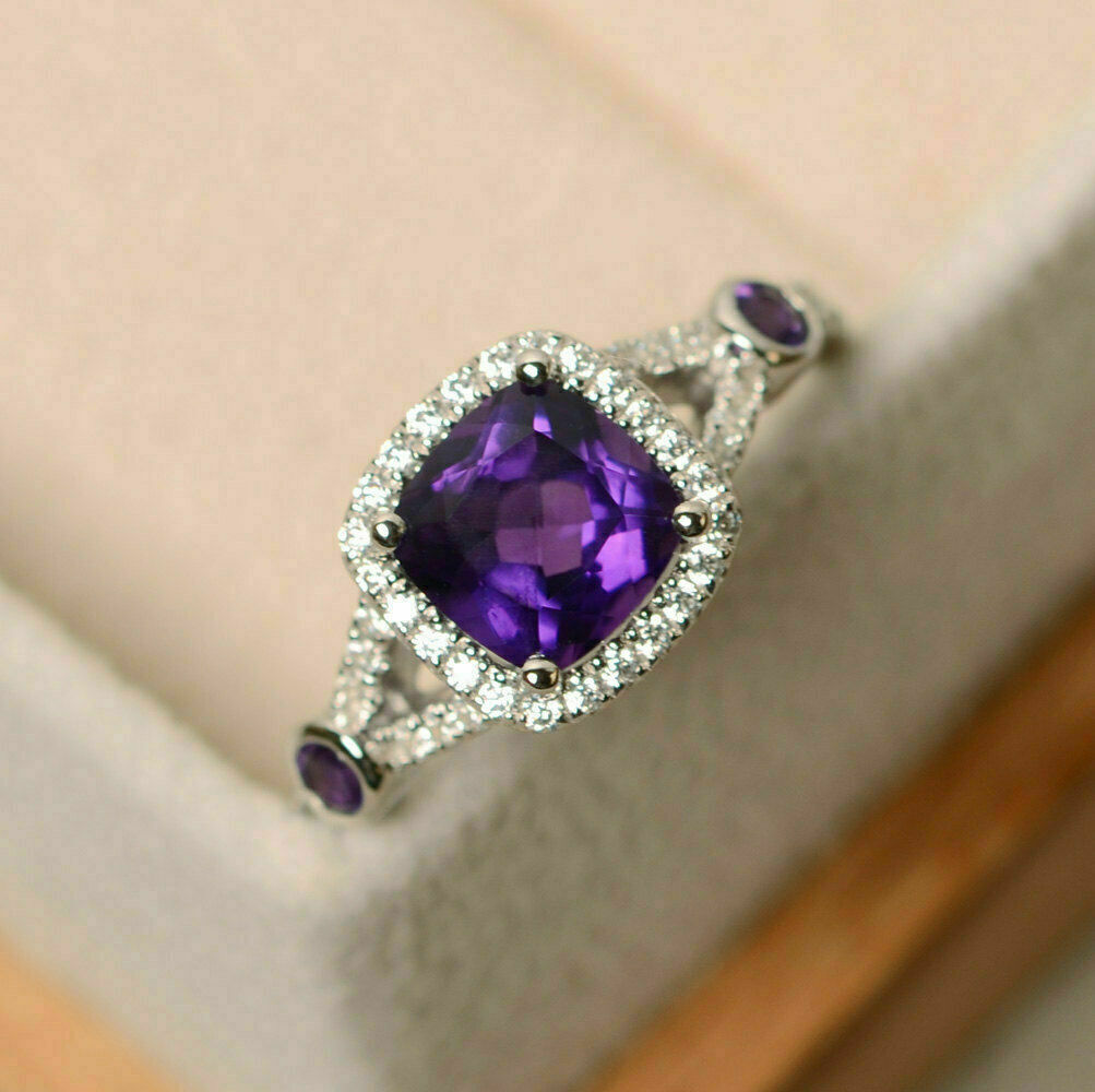 1.90Ct Amethyst Purple Cushion CZ Engagement Ring In 925 Sterling Silver
