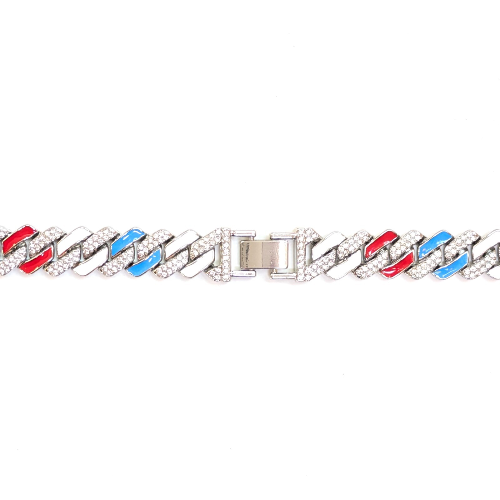 Silver, Red White & Blue Iced-Out Tilted Cuban Link Chain Gem Necklace (20″-28″)