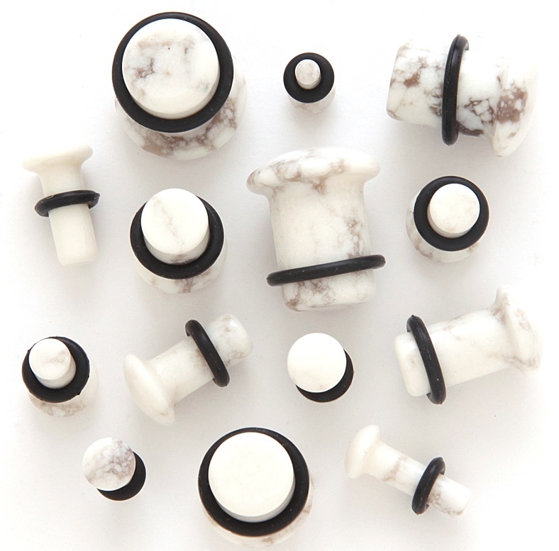 1 Pair Organic Stone Single Flare Ear Plugs Gauges White Howlite Pick Size 464