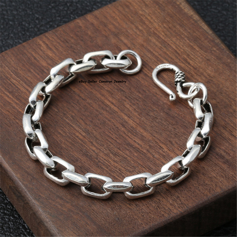Pure S925 Sterling Silver Chain Men Women 8mm Square O Link Bracelet 7.1-7.9inch