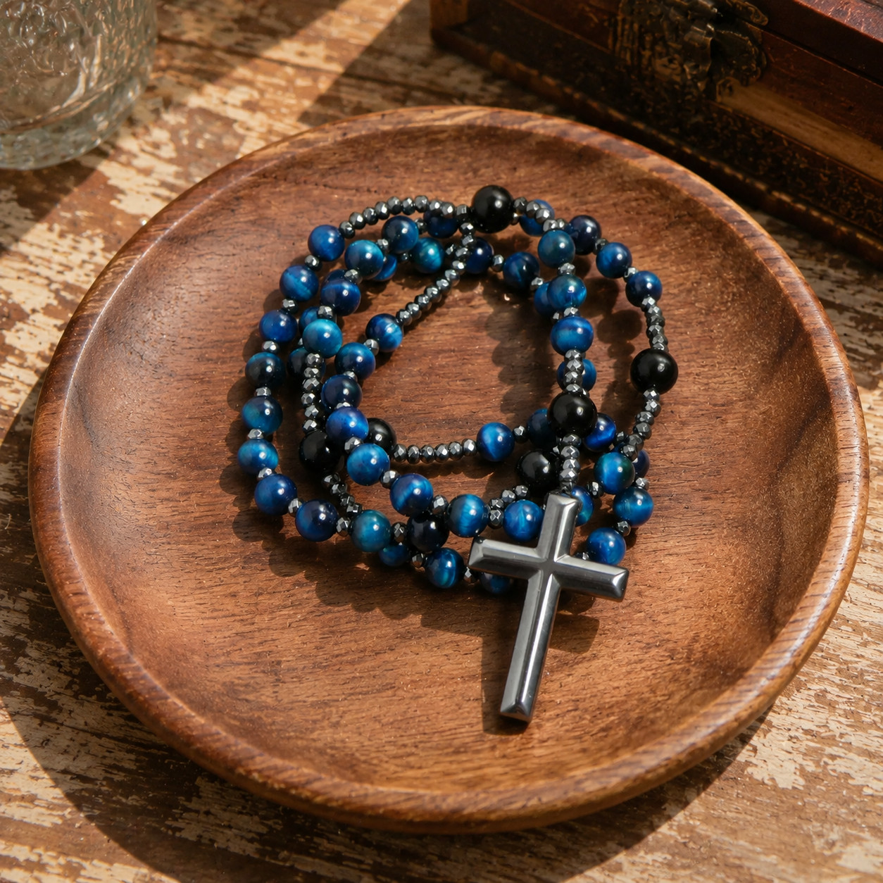 Blue Tiger Eye & Obsidian Rosary Cross Necklace Protection Beaded Gemstone Gift