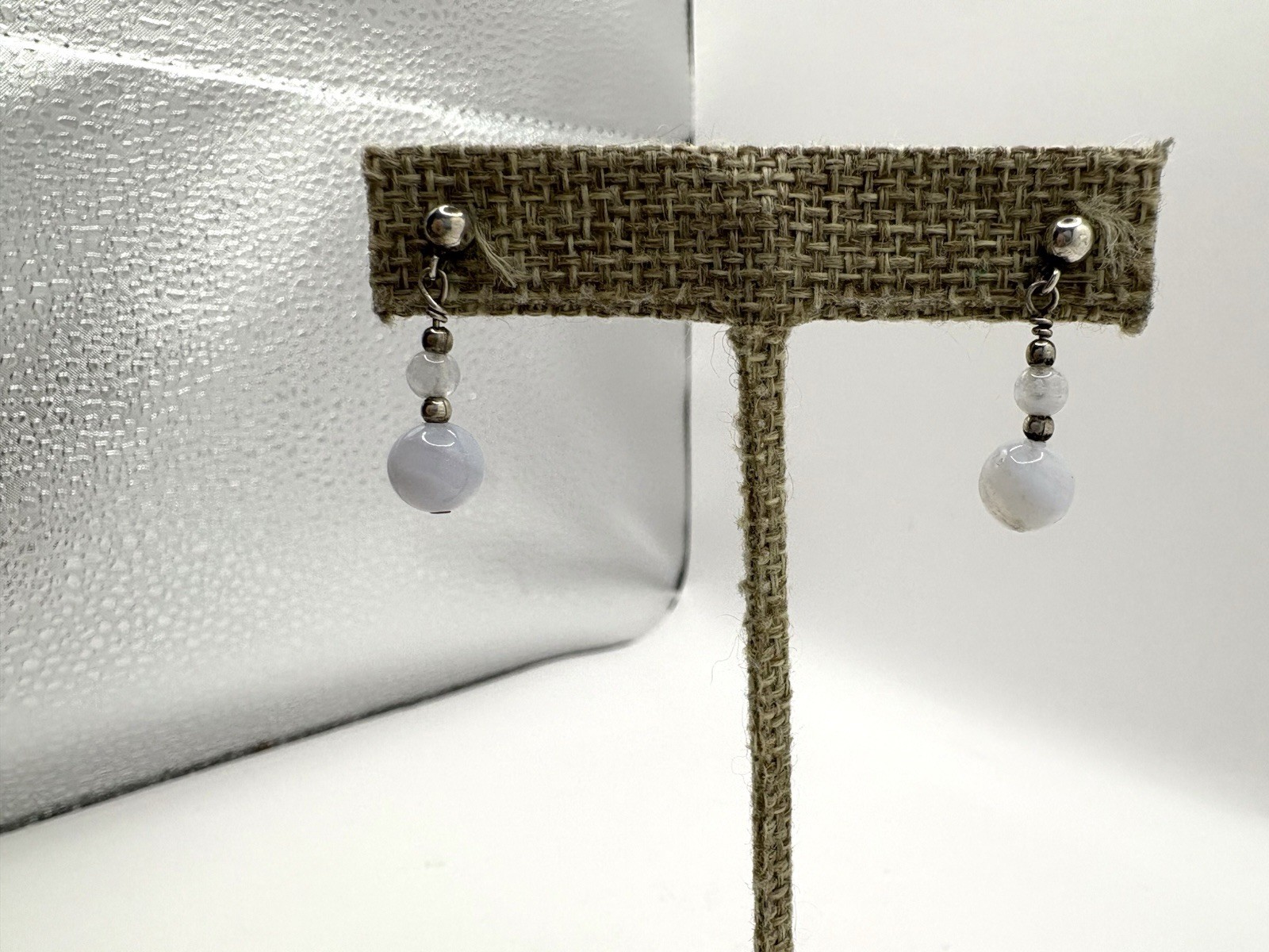 Light Periwinkle Blue Lace Agate Beaded Dangle Pierced Earrings SilverTone Metal