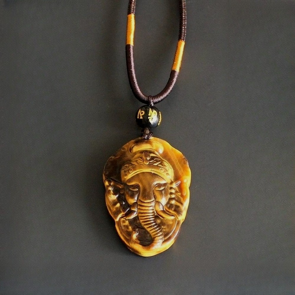 Natural crystal gold tiger eye Ganesha Necklace pendant with rope chain