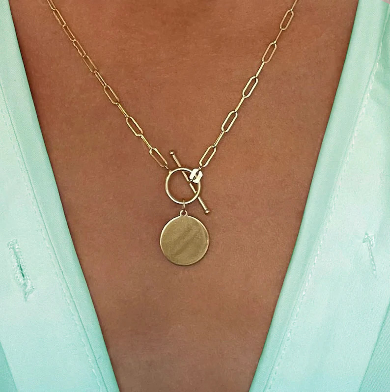 14K Gold Paper Clip Oval Chain Disc Charm Necklace w/ Toggle Clasp, 2.75mm