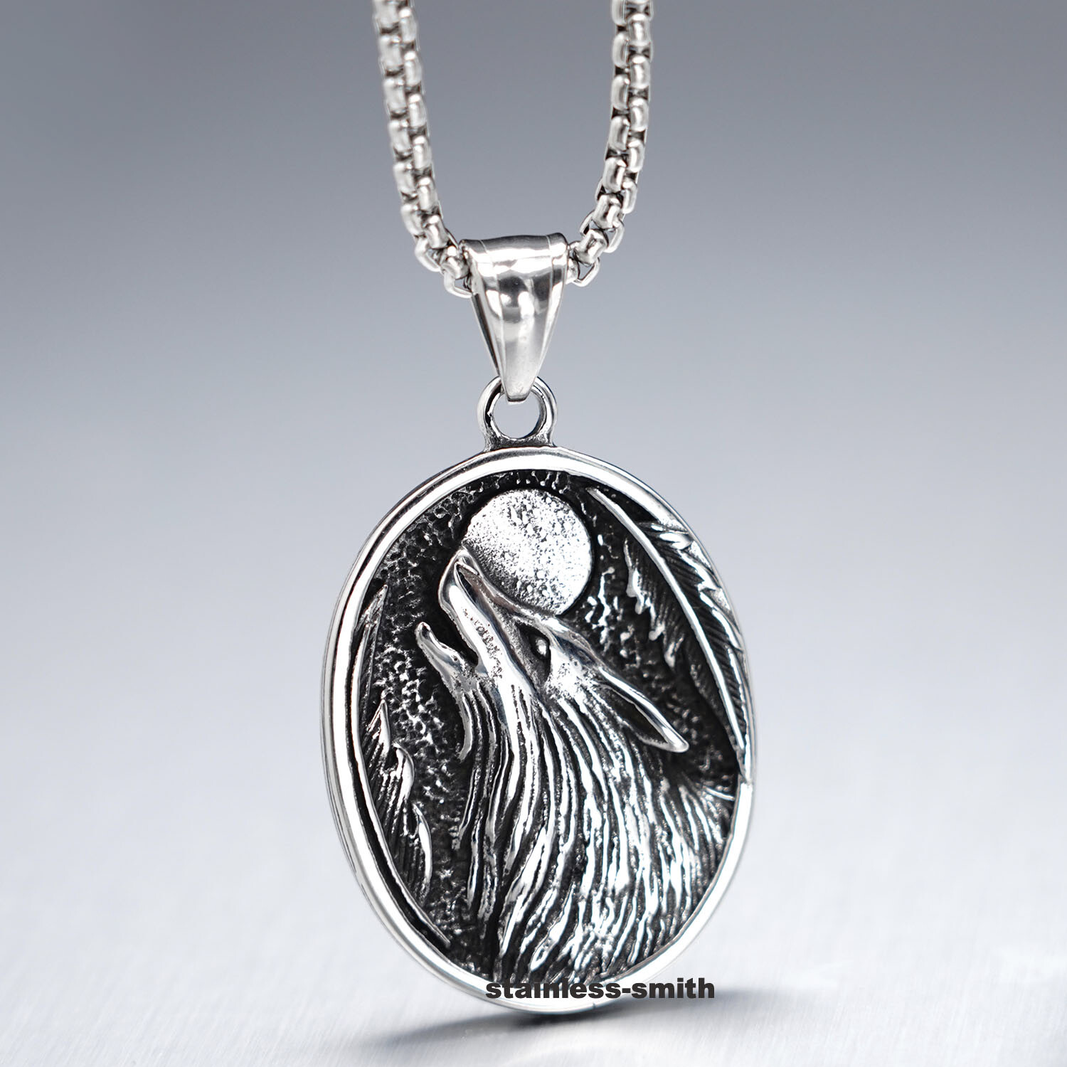 SMITH Stainless Steel Womens Viking Wolf Head Moon Pendant Necklace For Women