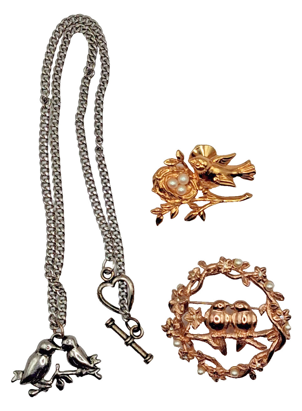 Vintage Bird Jewelry Lot of 3 Toggle Necklace Brooch Tac Pin Nest Roman Avon 18″