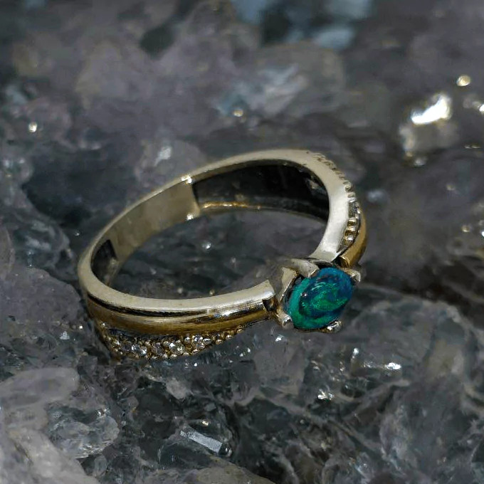 Natural Lightning Ridge Black Opal 0.40ct 925 Silver & 9K Gold with CZ Ring US 8