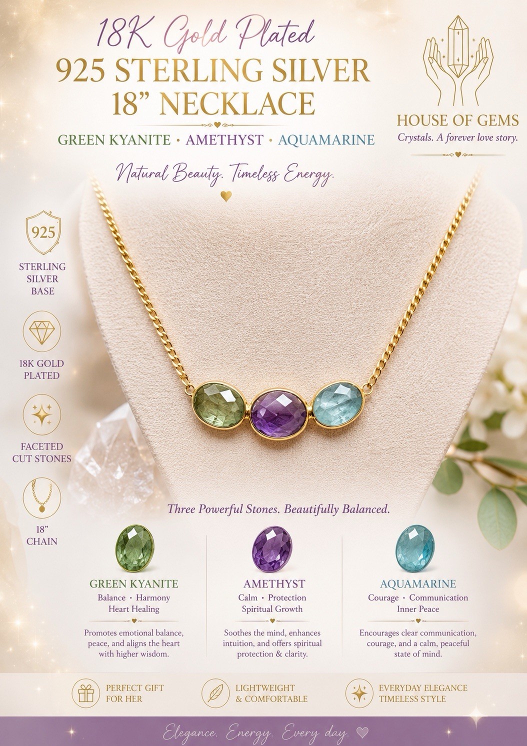 18K Gold Plated Three-Stone Necklace – Green, Purple, Blue