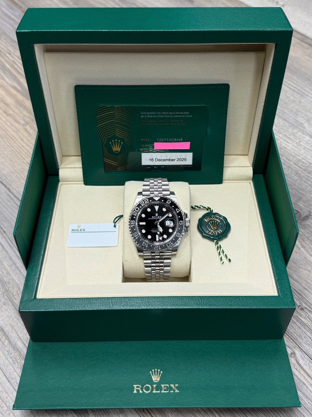 Rolex GMT Master II Bruce Wayne Jubilee Bracelet 126710GRNR Complete with Papers