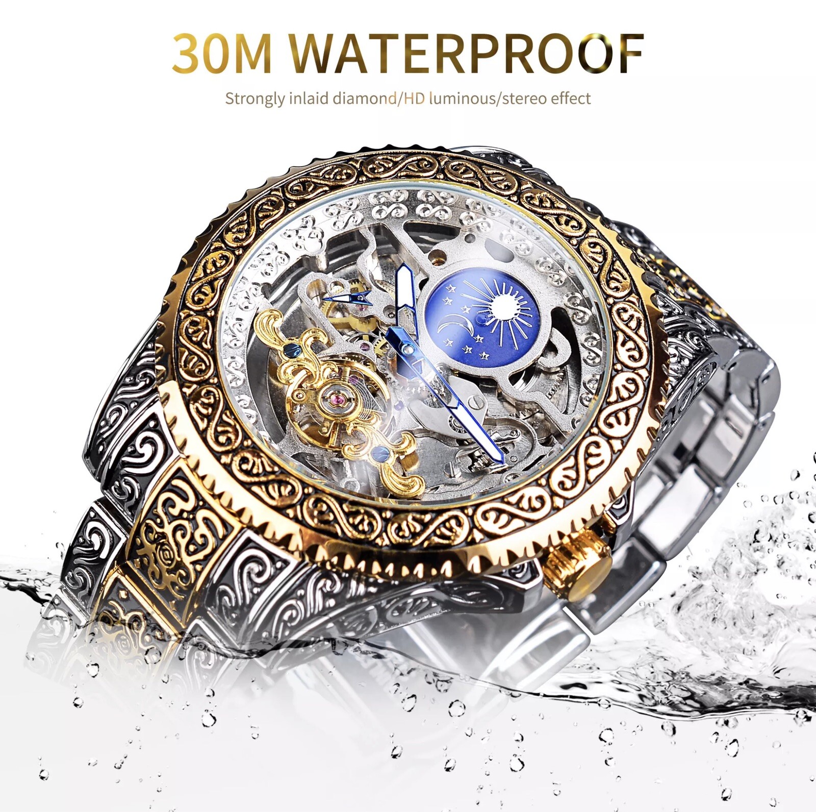 Forsining Skeleton Carved Tourbillon Mechanical Moon Dial Mens Watch waterproof