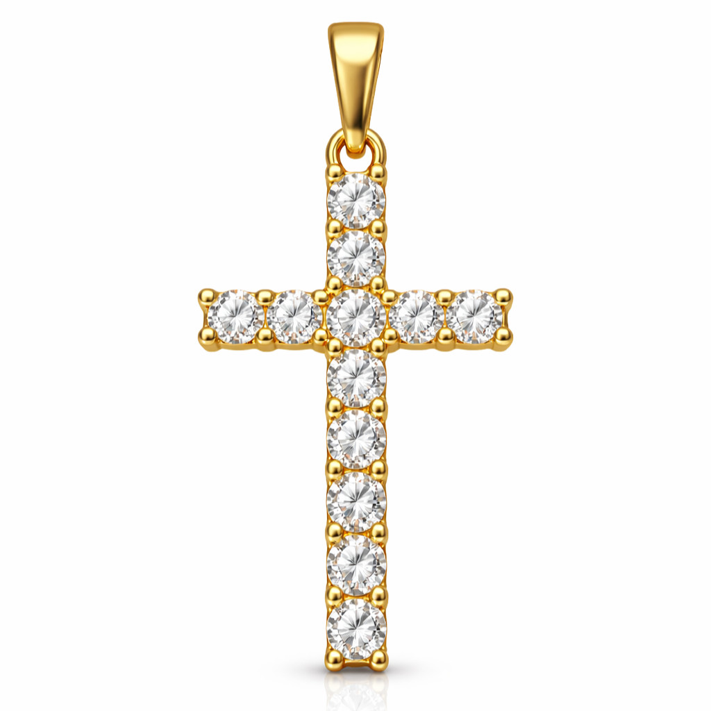 Italian 1/200 14k Yellow Gold CZ Cross Pendant Necklace Catholic Religious