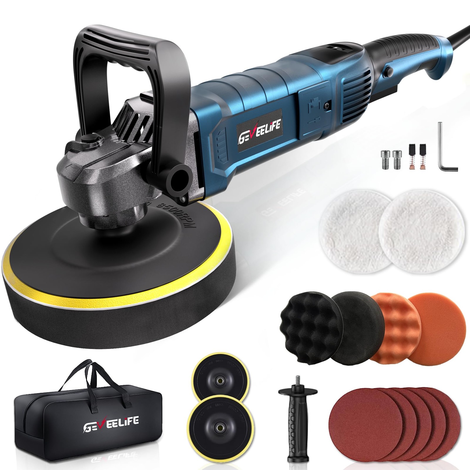 GEVEELIFE 1600W Rotary Car Buffer Polisher 6/7in 7-Speed 1000-3500 RPM