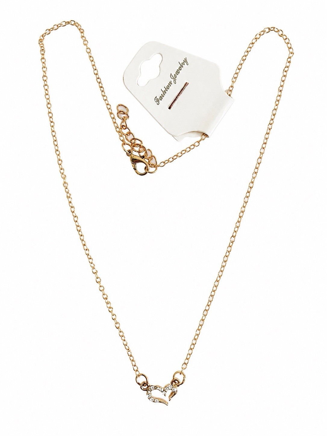 Gold Tone Heart Rhinestone Necklace Adjustable Chain Gift Box Included Women