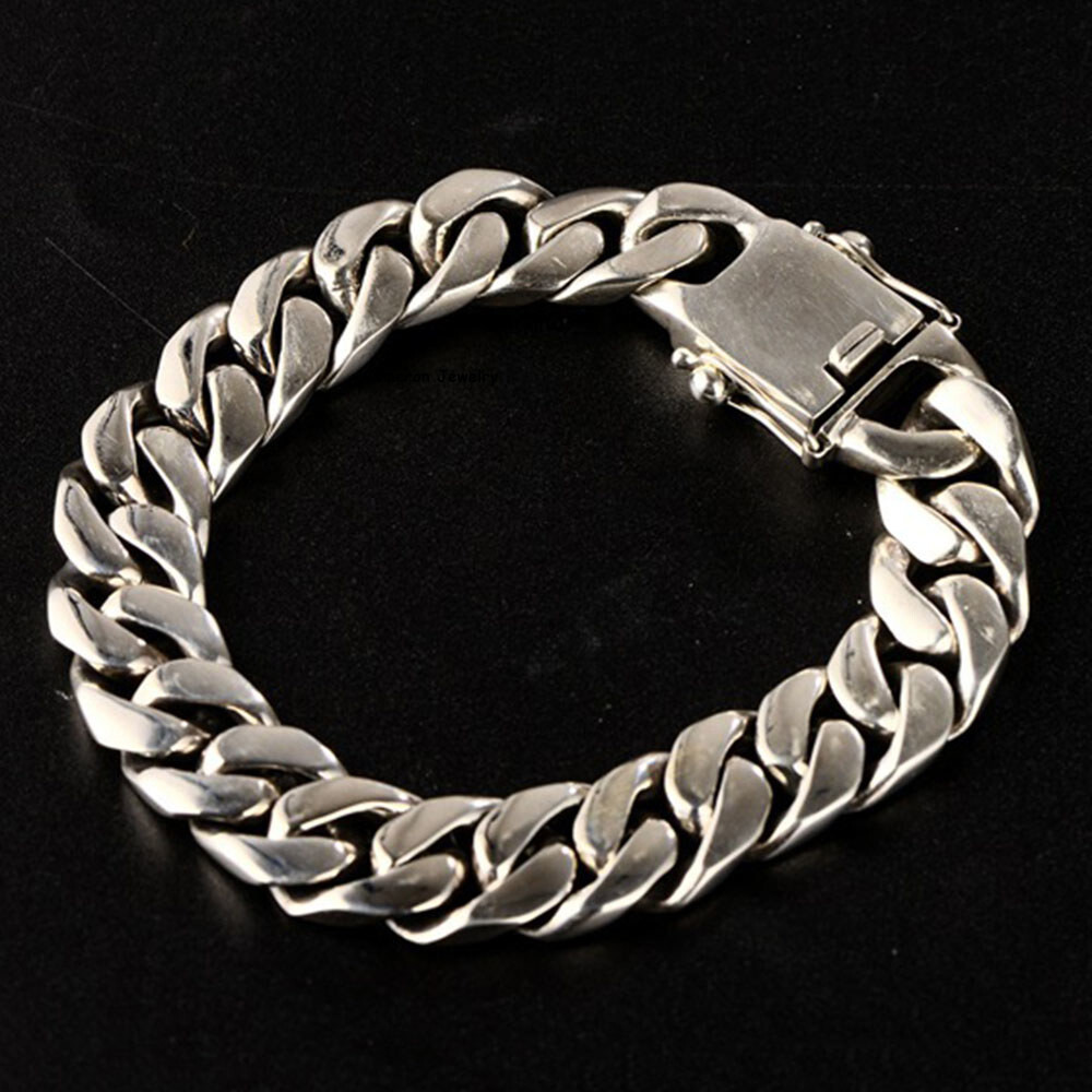 Real S925 Sterling Silver Chain Men 12mm Curb Cuban Link Bracelet 7.9-8.3inch