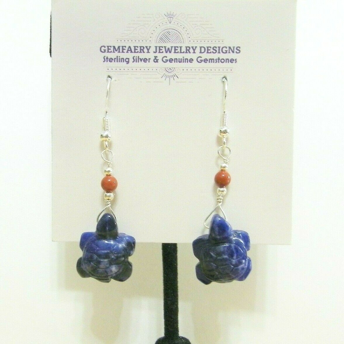 Sterling Silver Carved SODALITE Turtle Gemstone Dangle Earrings…Handmade USA