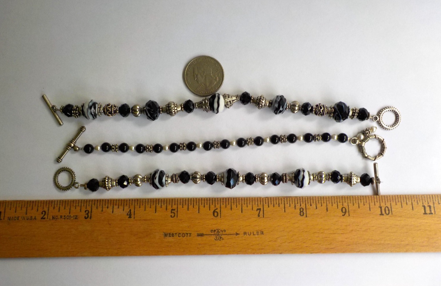Black White Swirl Bead Bracelet Mix Lot 3 Metal Plastic Glass Faceted Toggle