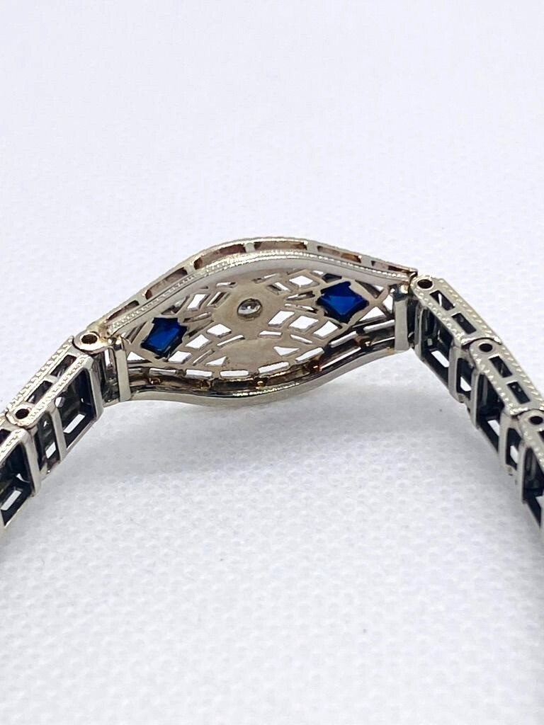 14K White Gold Die Struck Art Deco Diamond and Lab Created Sapphire Bracelet 6.5