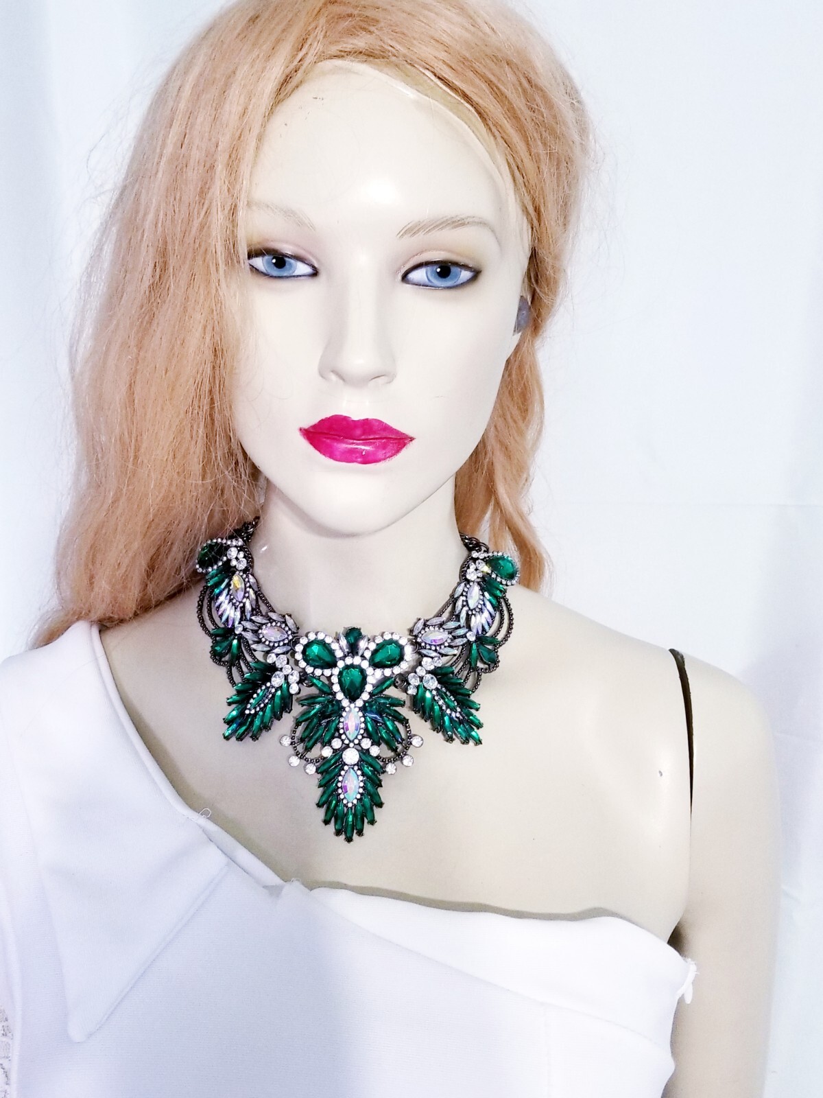 Green Statement Choker Rhinestone Necklace Bridal Prom Pageant Gothic
