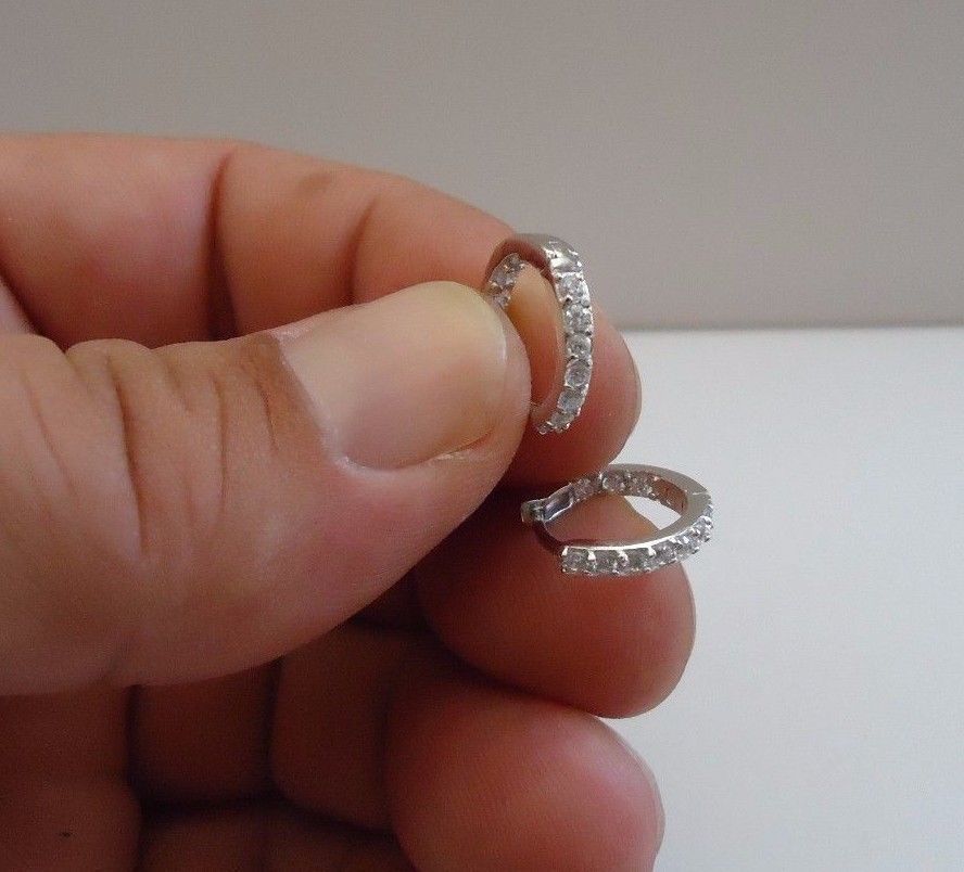 925 STERLING SILVER HUGGIE/ HOOP EARRINGS W/ .75 CT LAB DIAMONDS/ 14MM DIAMETER