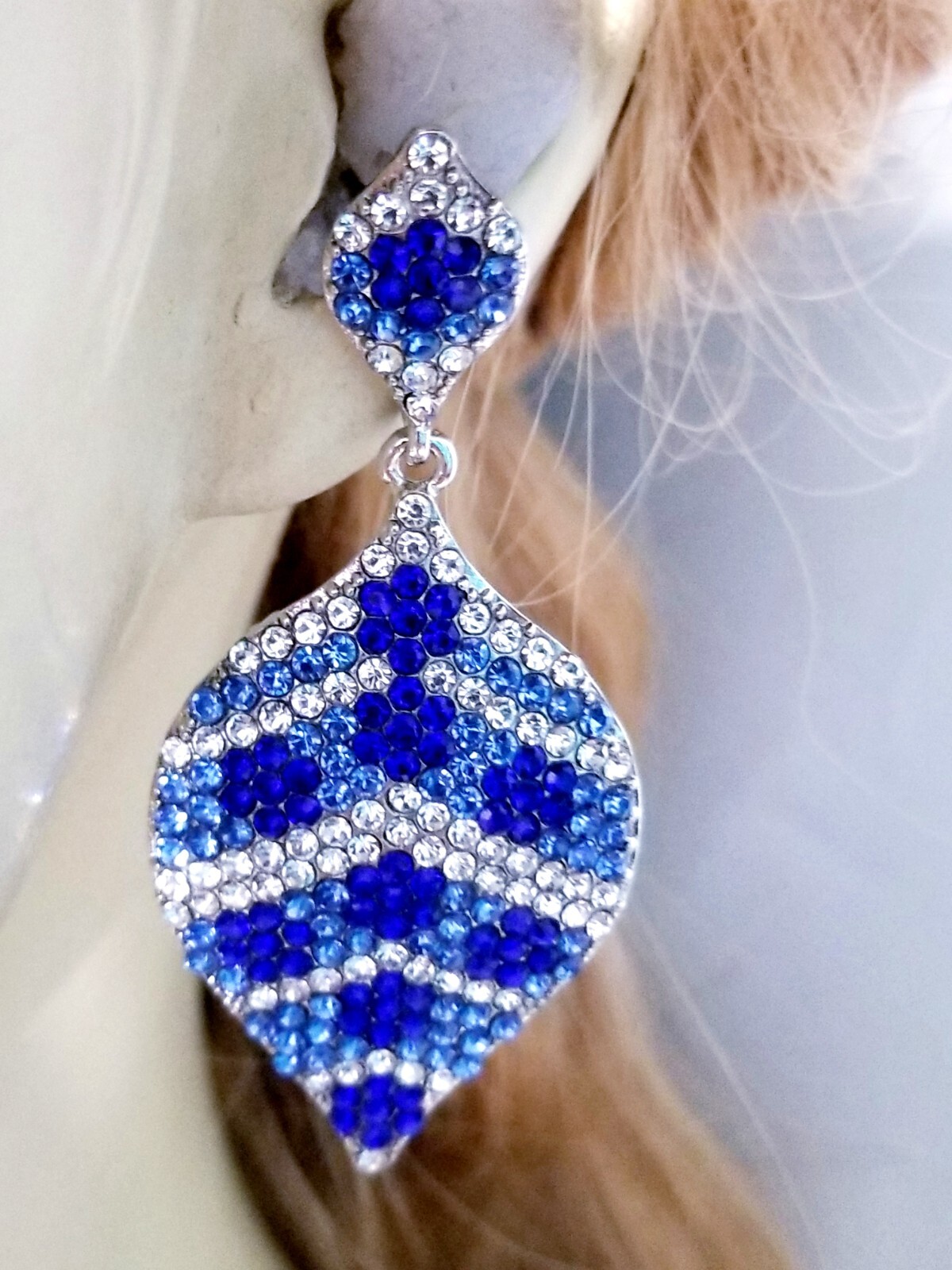 Chandelier Rhinestone Crystal Pageant Bridal Earrings Blue Drop Dangle 2.8 In