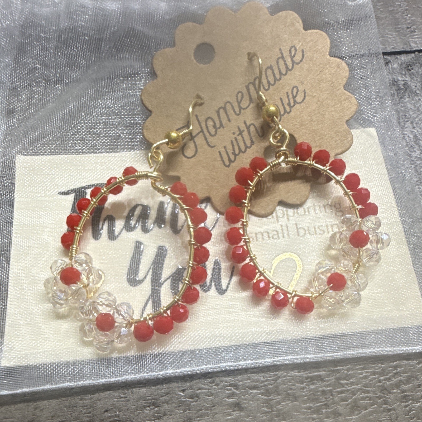 Handcrafted Gold Tone Round Hoop Dangle Earrings w/ Red & Clear Glass Beads
