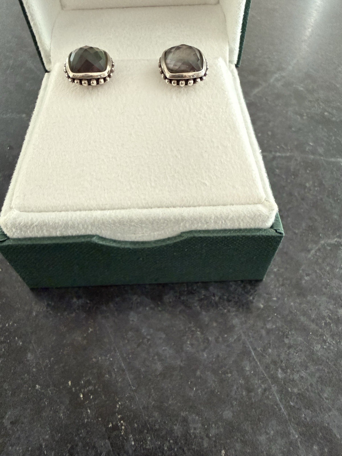 Lagos 925 Sterling Silver Gray Cushion Stud Earrings Bezel Butterfly Signed