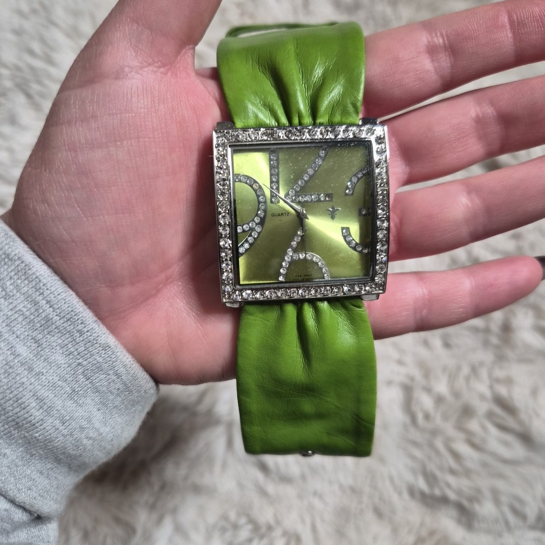 Vintage Y2K Watch Large Green Faux Leather Fabric Band Unique Rare Rhinestone
