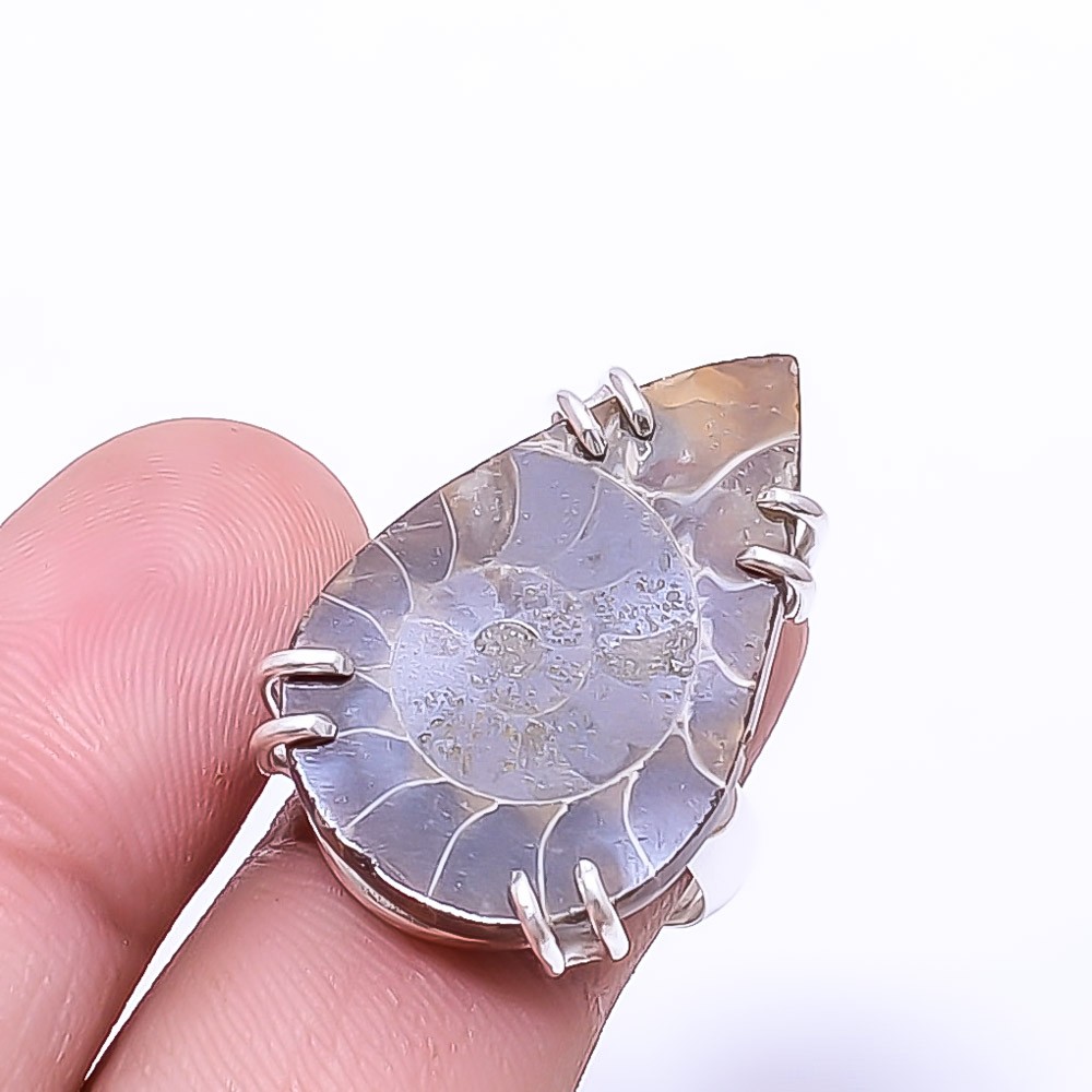 Cleoniceras Cleon Ammonite -Fossil Solitaire 925 Sterling Silver Ring s.7.5 R121