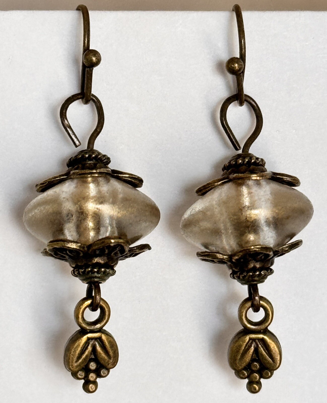 Beautiful Bronze Earrings with Gold Luster Bead and Flower Bud Charm