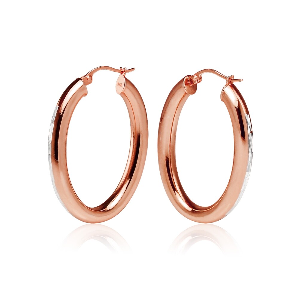 Rose Gold Flashed 925 Silver Two Tone 4mm Oval Diamond-Cut Hoop Earrings, 25mm