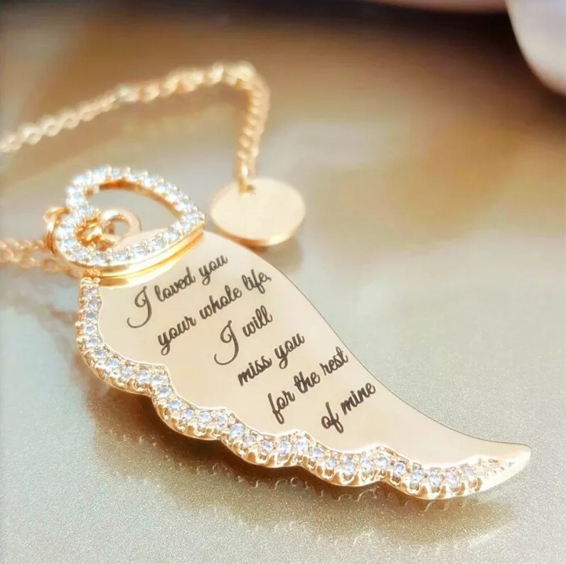 Gold Angel Wings Love Letter Necklace with Heart Charm
