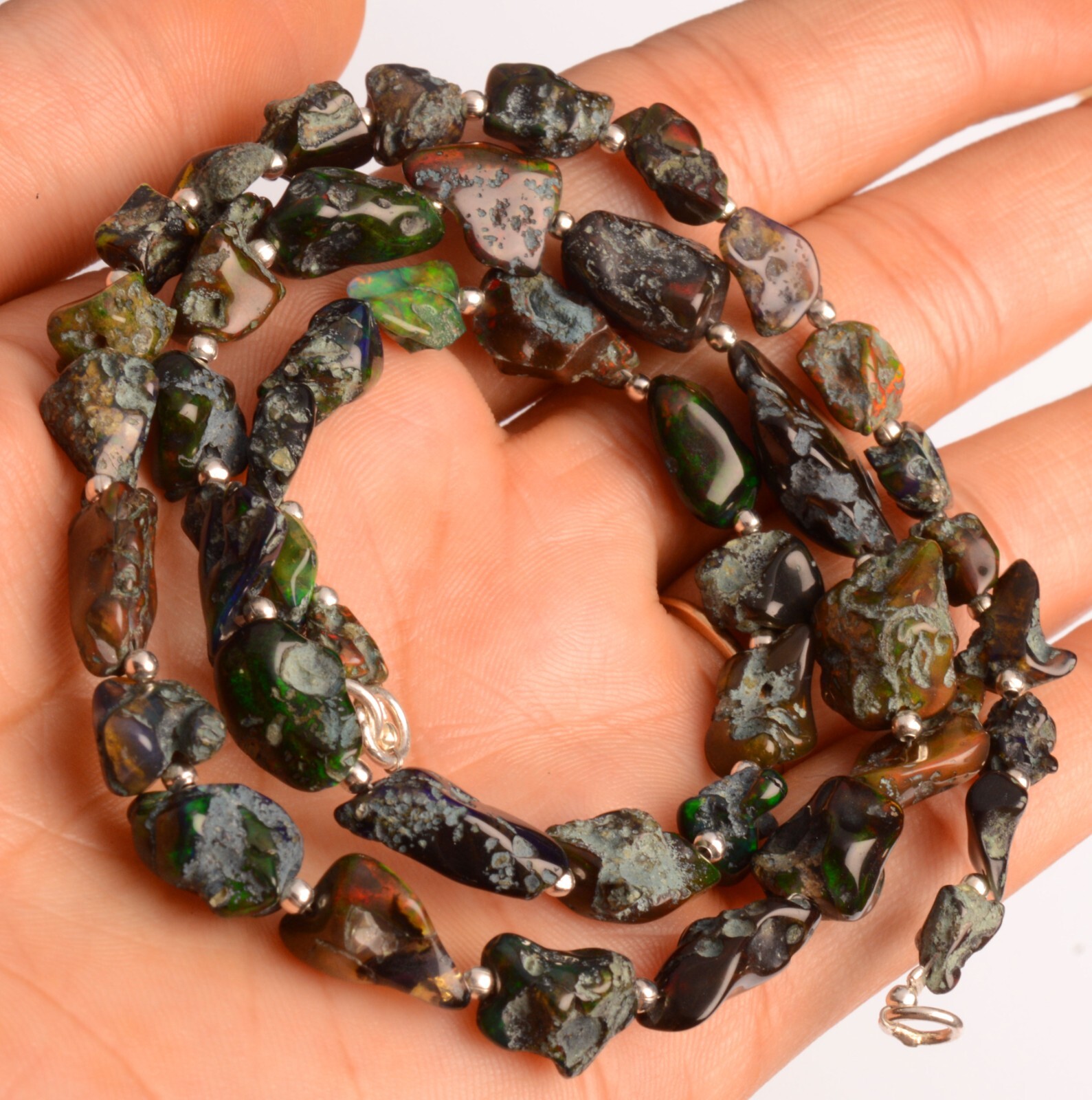 Natural Gem Welo Black Fire Opal 7 to 13 mm Rough Nugget Beads 20″ Necklace