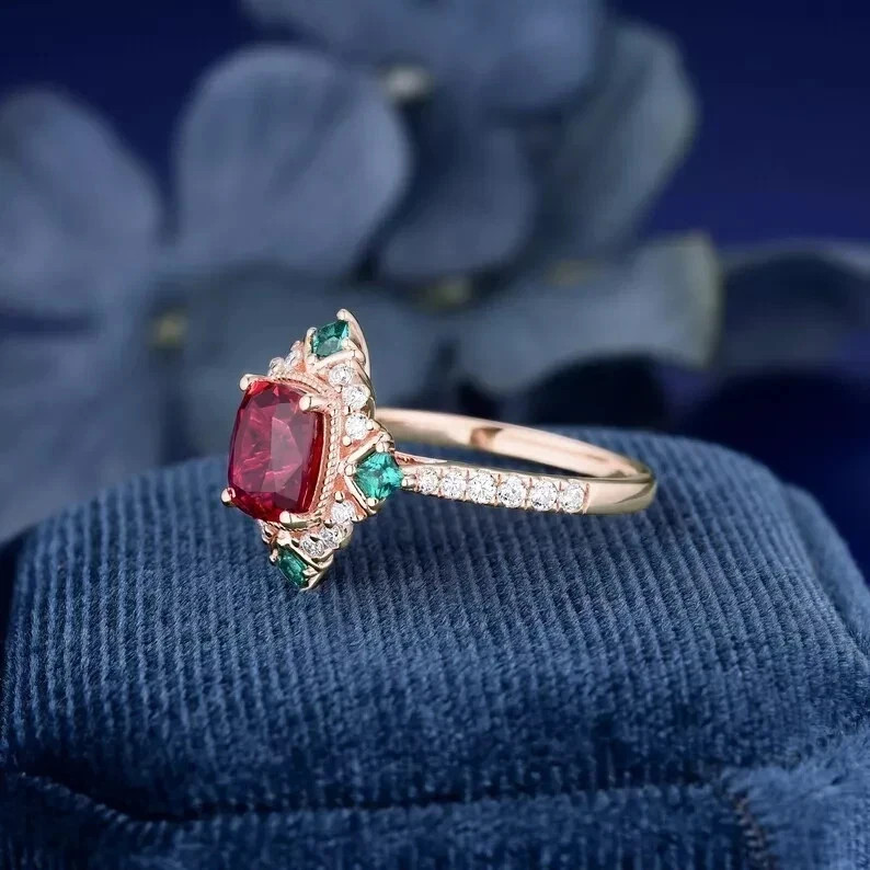 3.10 Ct Cushion Cut Natural Red Ruby & Diamond Wedding Ring 14K Yellow Gold