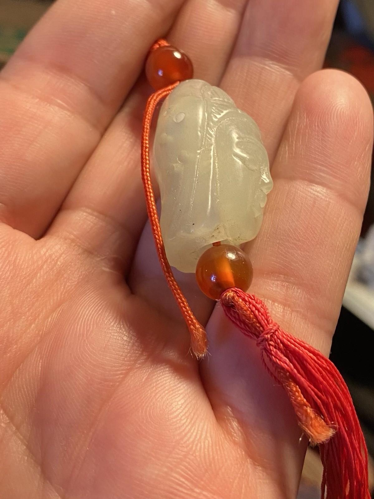 Adjustable Red Cord Carved White Jade Charm Pendant Necklace w/ Agate Beads