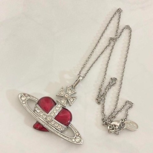 Vivienne Westwood Diamante Heart Orb Large Necklace Silver Red with drawstring