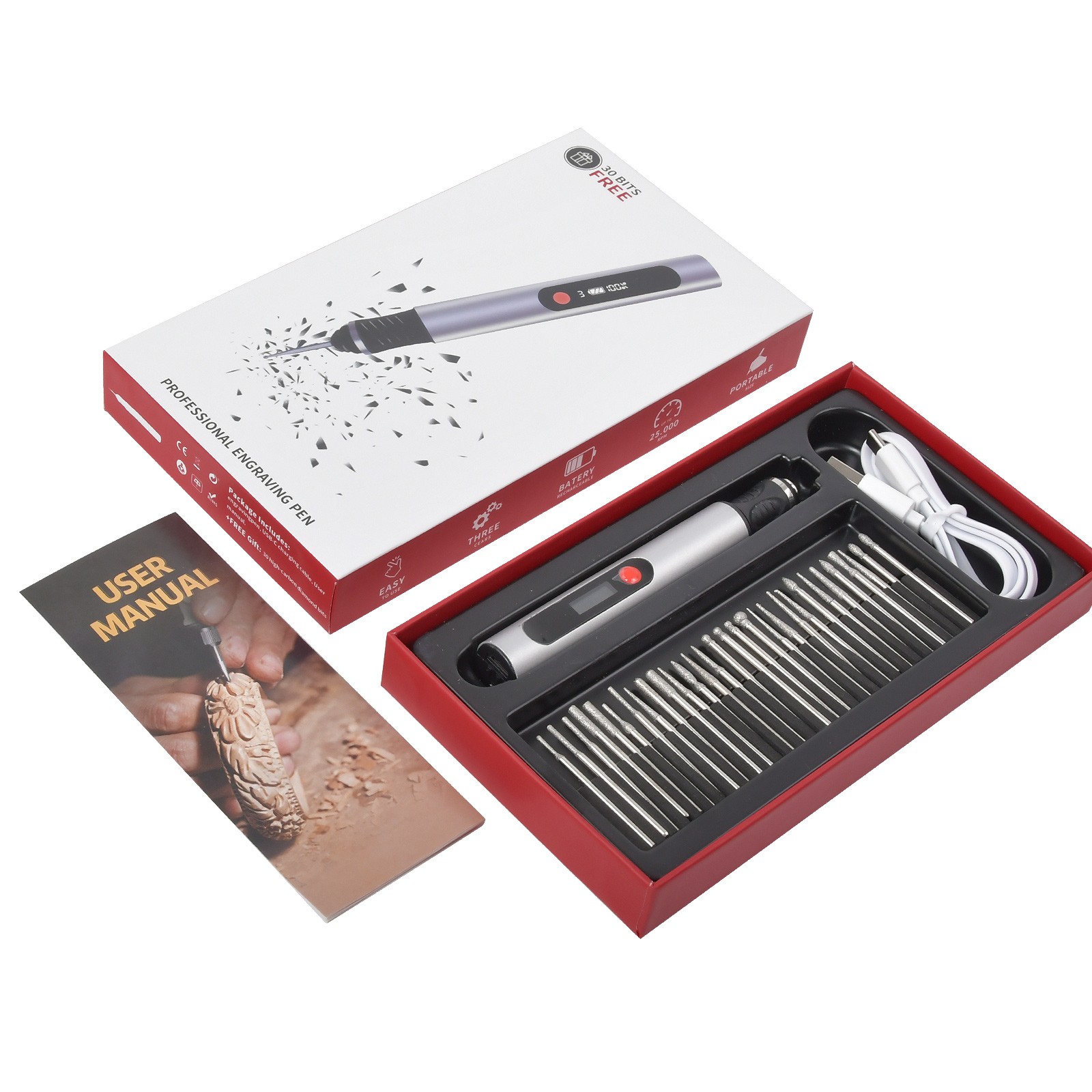 USB Rechargeable Engraving Pen with 30x Bits Mini Electric DIY Engraver Cordless