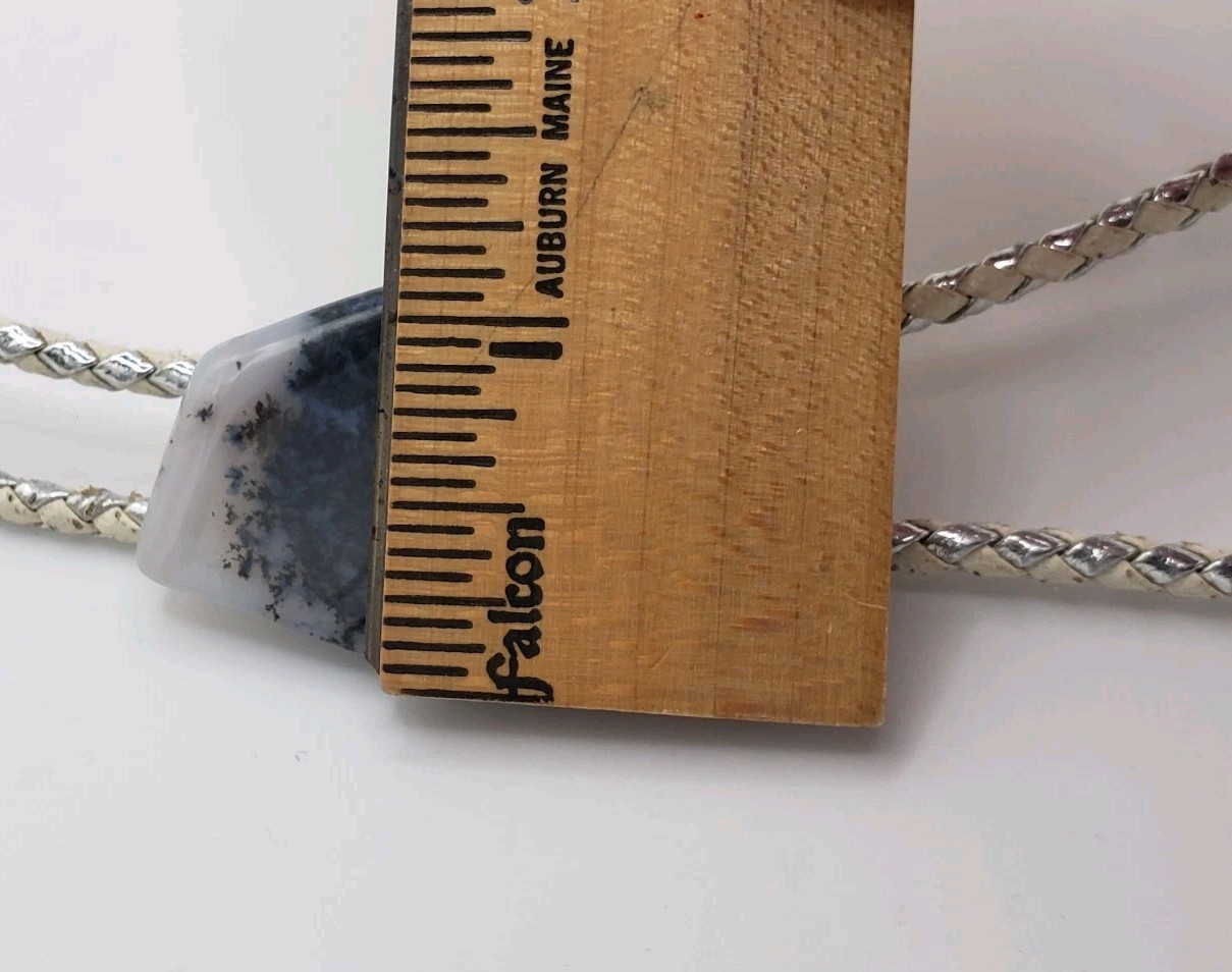 Vintage Dendritic Agate Bolo Tie Braided White/Silver Leather Cord Western Style