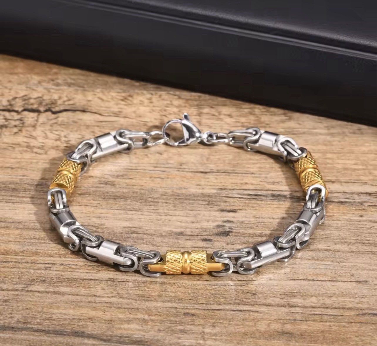 Men’s Byzantine Bracelet, Stainless Steel, Silver/Gold Color, 6mm/20cm