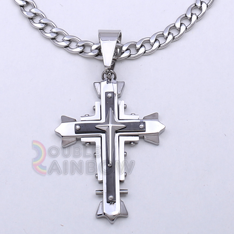 8P3 Men’s Stainless Steel Black Silver Cross Pendant 6MM Cuban Necklace Chain