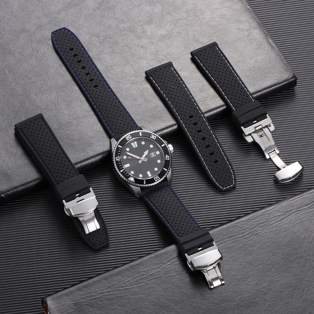 Silicone Breathable Sport Watch Band Strap 20mm 22mm Butterfly Clasp Bracelet