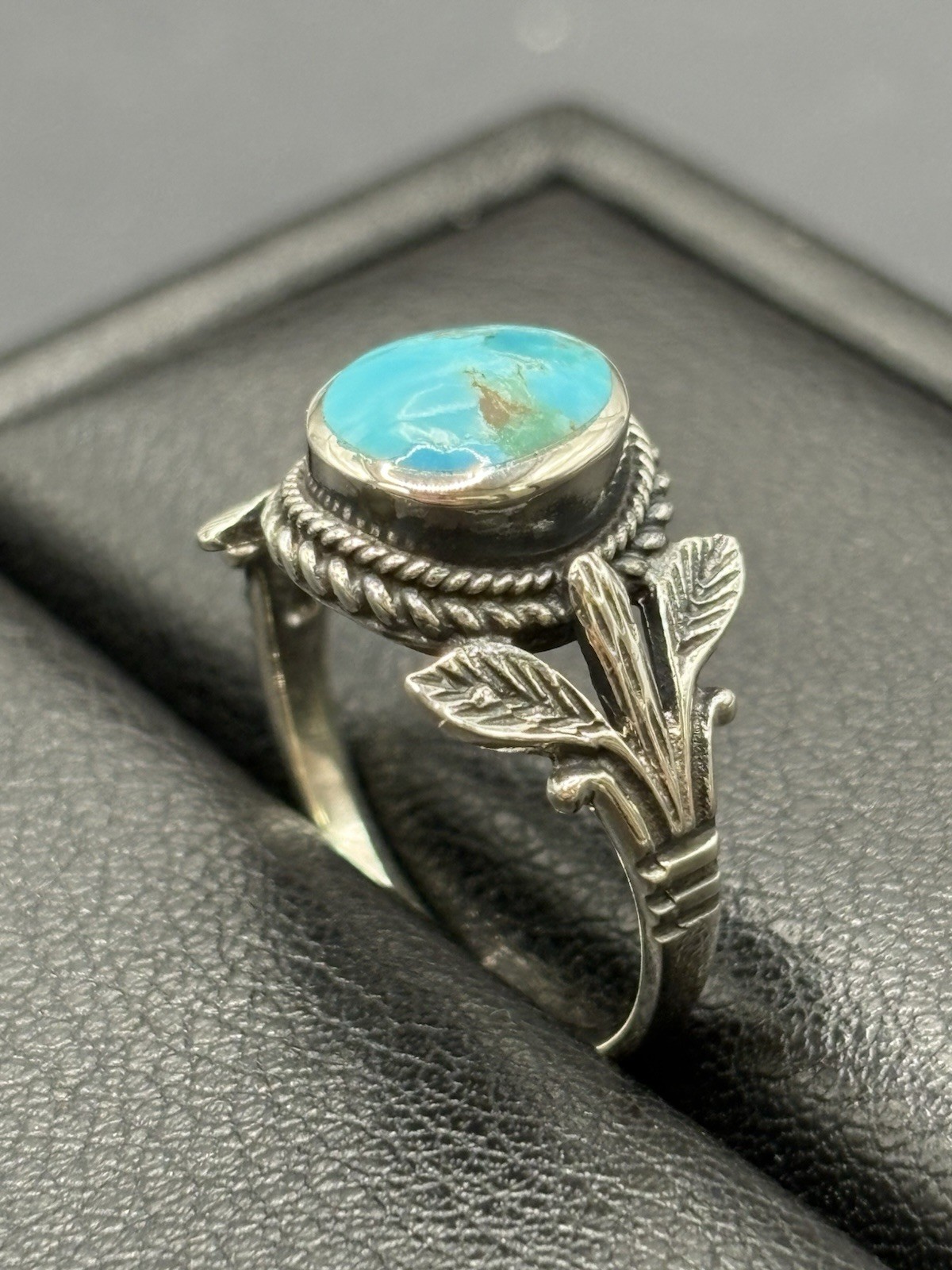 New Condition Sterling Silver Turquoise Plant Botanical Oshank Ring Size 7 E11