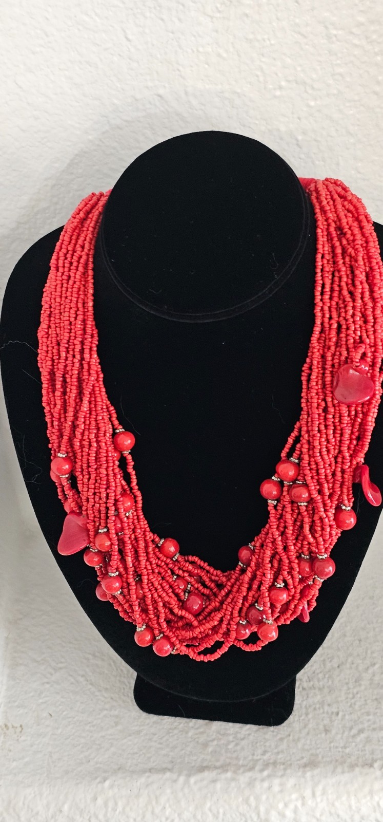 Hand made 30 strand tiny red coral bead fashion necklace great statement pc 21”
