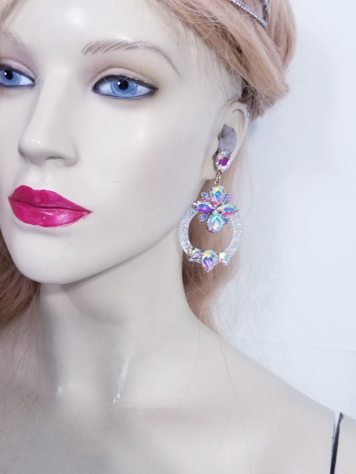 Drop Dangle Chandelier Earrings 3.3 inch AB Rhinestone Acrylic Hoop Pageant Prom