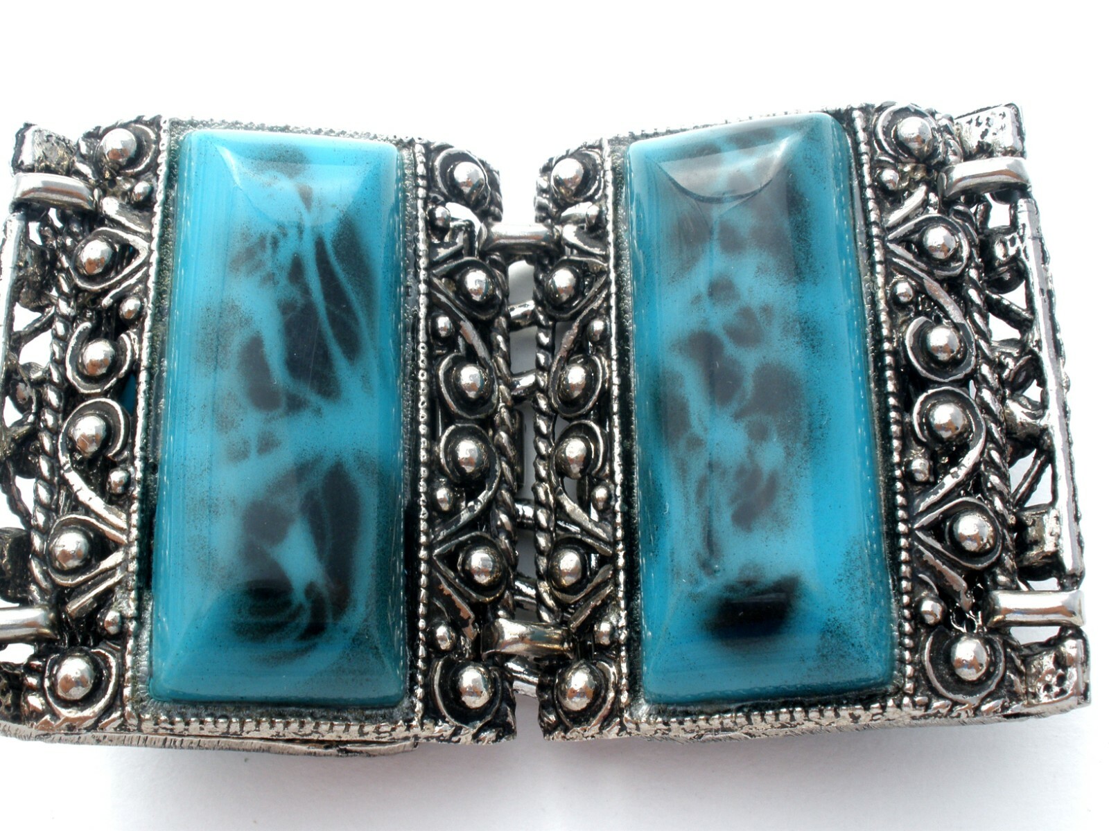 Wide Blue & Black Thermoset Bracelet Vintage Statement Jewelry 7.5 Inch Long