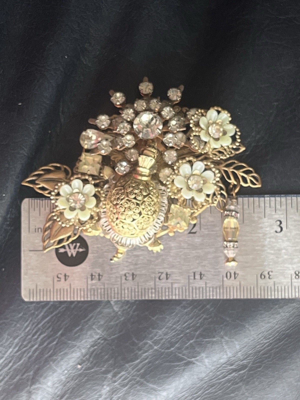 Vintage Assemblage Brooch Pendant Turtle Rhinestone Filigree Flower Dangle Pin