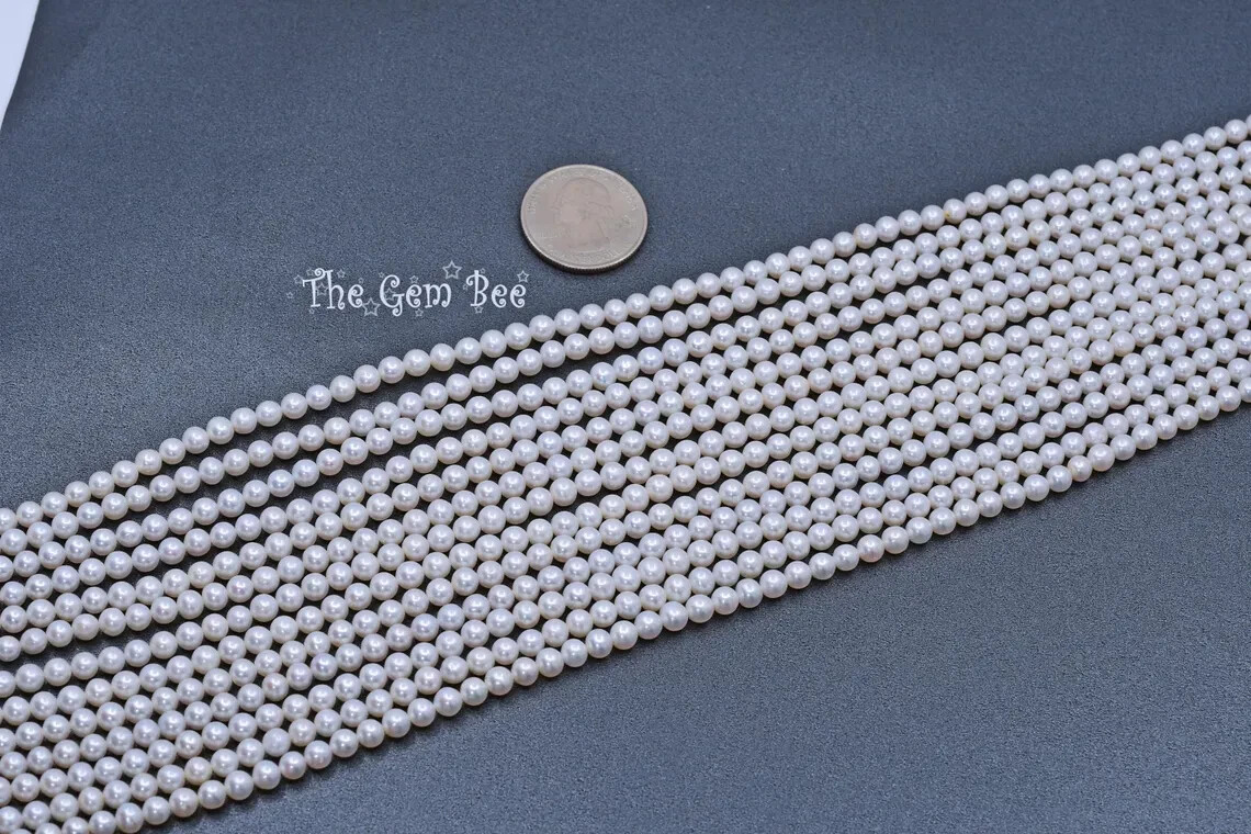 5mm Glowing Iridescent FW Cultured Near Round Cream White Pearl Bead 15.2″ (84)