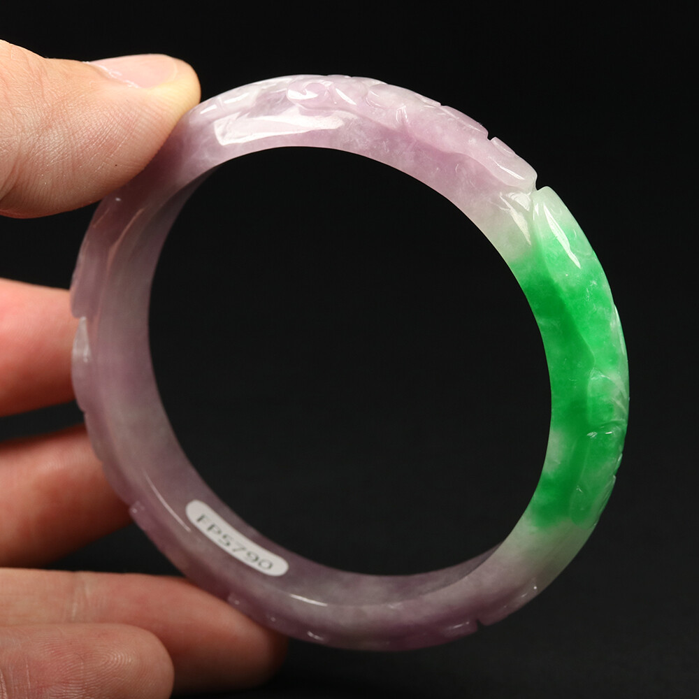 57mm Lavender Purple Green Jadeite Jade Bangle Bracelet Ruyi Bat Coin 11633