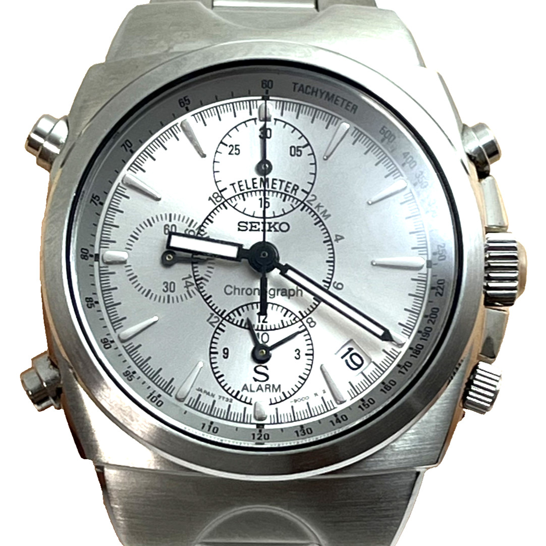 Seiko SUS 7T32 Chronograph Alarm Qz Tachymeter Date Stainless Steel Japan #B854