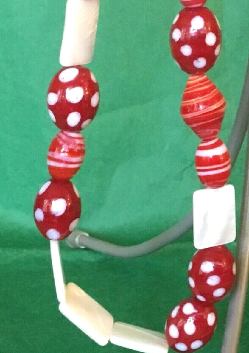 Earrings Red & White Diff Shaped Glass Beads Necklace & Clip-on Red Earrings