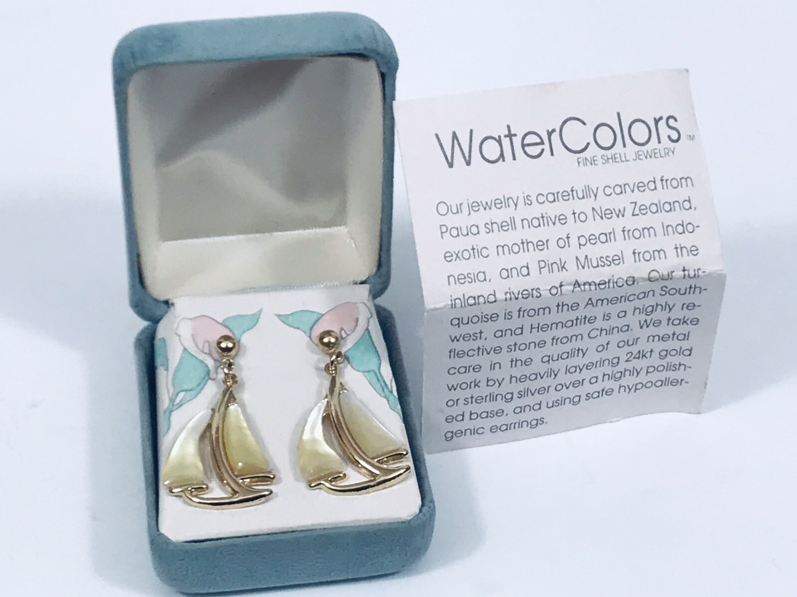 Vintage 24kt Layered Gold Paua Shell Sailboat Nautical Dangle Earrings Original